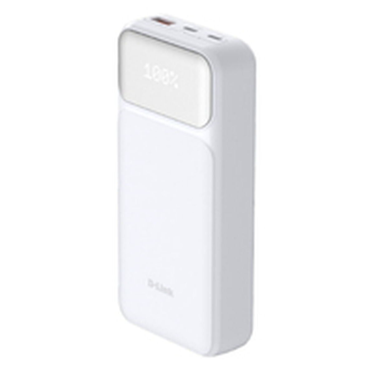 Detail van de D-Link DPP-201 powerbank in wit, met laadindicator en USB-aansluitingen.