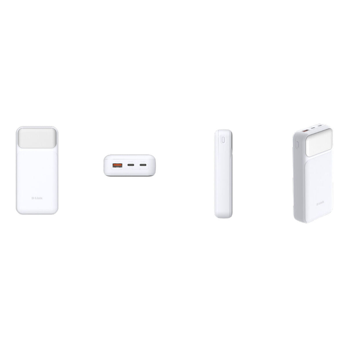 Detail van de D-Link DPP-201 powerbank met USB-C en USB-A aansluitingen, zijaanzicht.