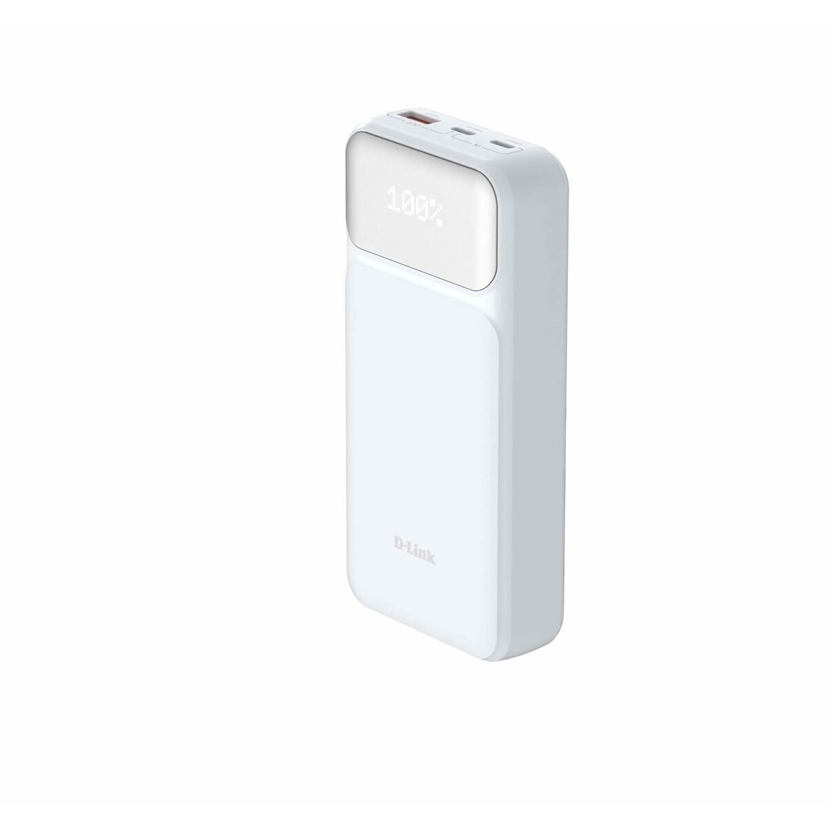 D-Link DPP-201 powerbank in wit met digitale batterij-indicator en USB-C en USB-A poorten.