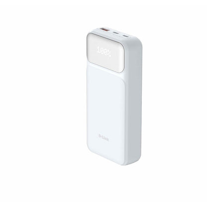 D-Link DPP-201 powerbank in wit met digitale batterij-indicator en USB-C en USB-A poorten.