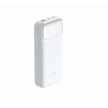 Zijaanzicht van de D-Link DPP-201 powerbank in wit met digitale batterij-indicator.