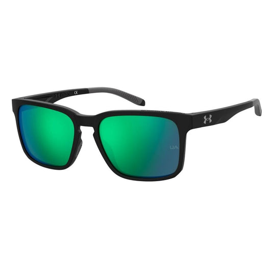Under Armour UA ASSIST 2 zonnebril voor heren met groene, spiegelende glazen en zwart montuur.