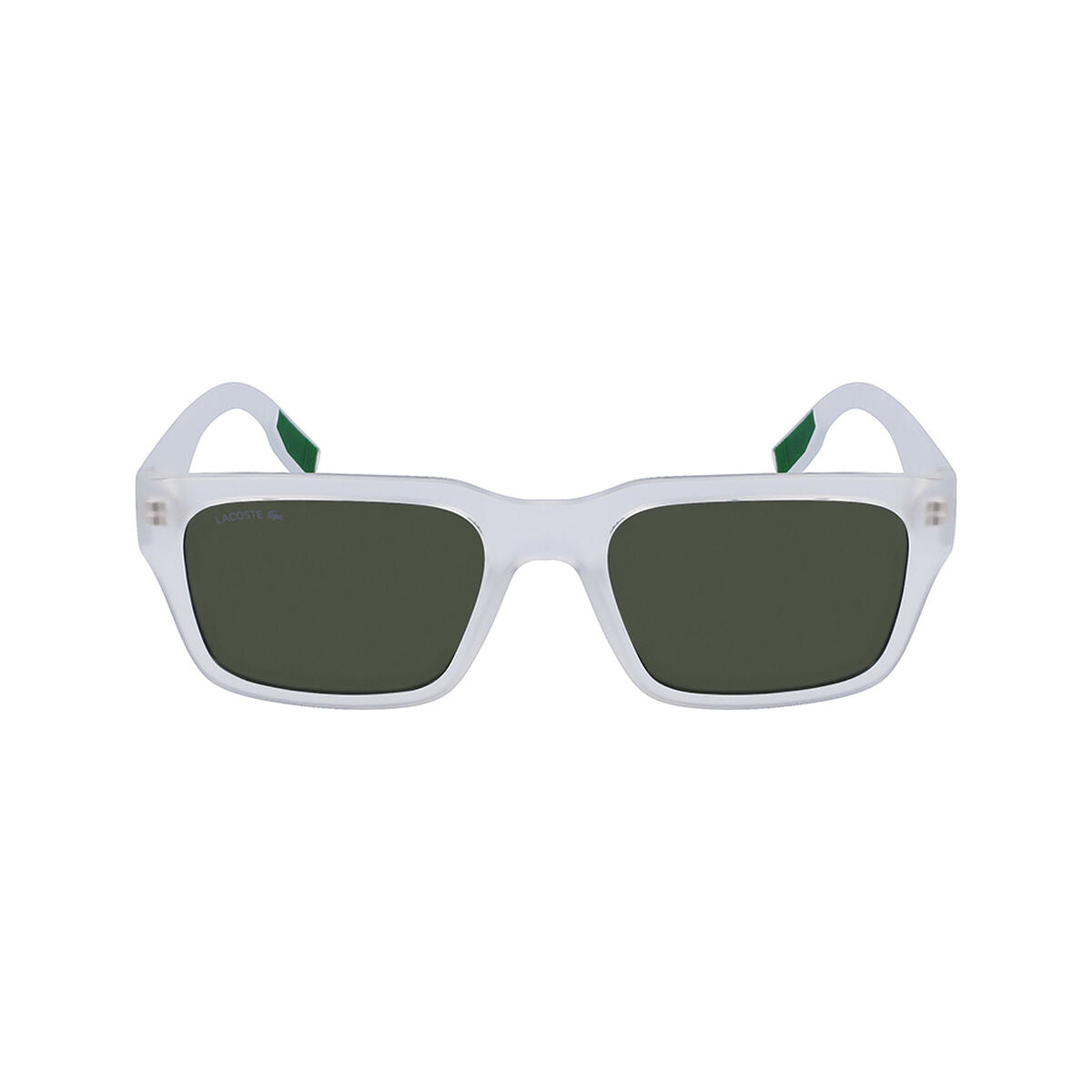Transparante Lacoste zonnebril met groene glazen, frontaanzicht en modern design.