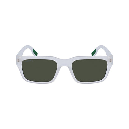 Transparante Lacoste zonnebril met groene glazen, frontaanzicht en modern design.