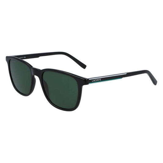 Zwarte Lacoste zonnebril voor heren met 100% UV-bescherming en trendy ontwerp.