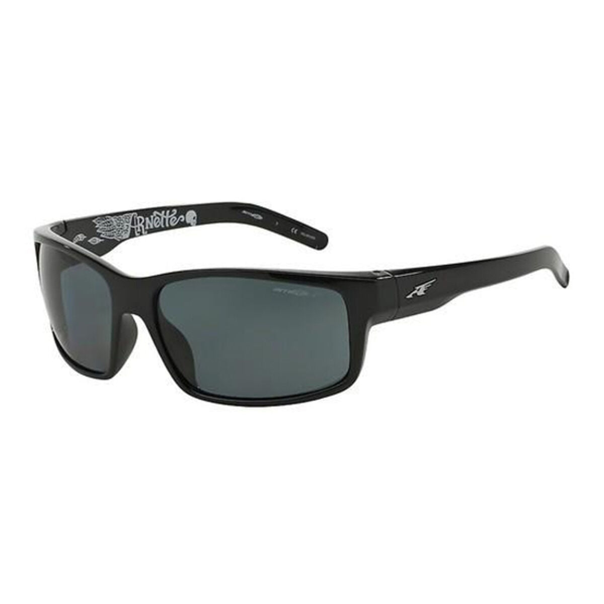 Zwarte Arnette FASTBALL AN 4202 zonnebril met gepolariseerde lenzen en UV400 bescherming.