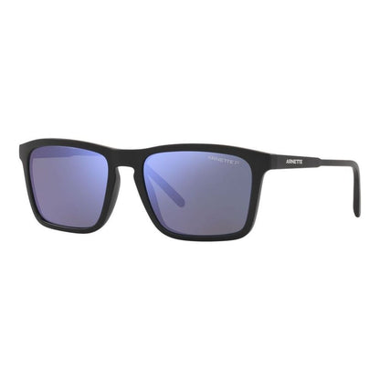 Arnette SHYGUY AN 4283 zonnebril met zwart frame en blauwe glazen, zijaanzicht.