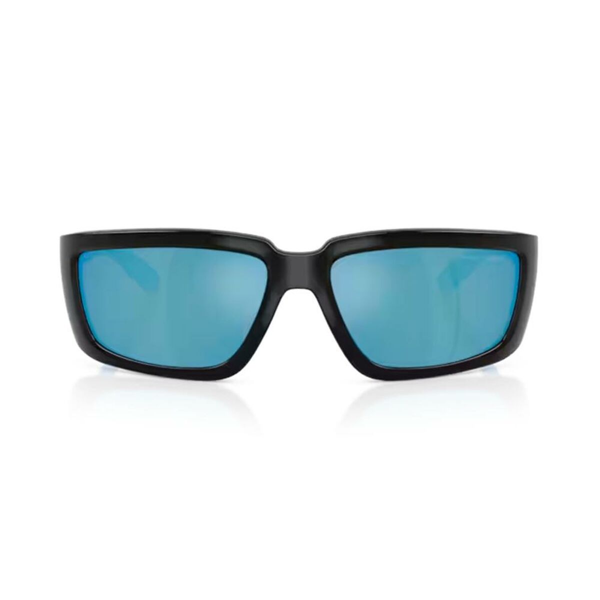 Detail van de Arnette zonnebril met blauw getinte glazen en zwart montuur.