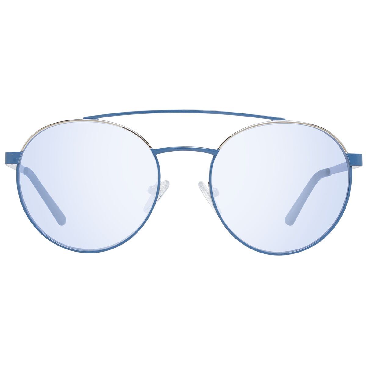 Blauwe Guess zonnebril GU3047 met ronde glazen en metalen montuur, frontaanzicht.