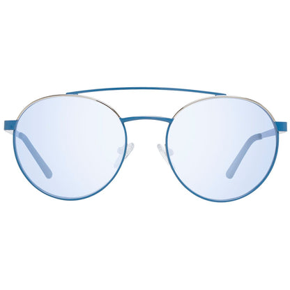 Blauwe Guess zonnebril GU3047 met ronde glazen en metalen montuur, frontaanzicht.