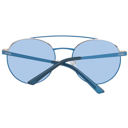 Blauwe Guess zonnebril met stijlvolle ronde glazen en dunne metalen montuur, zijaanzicht.