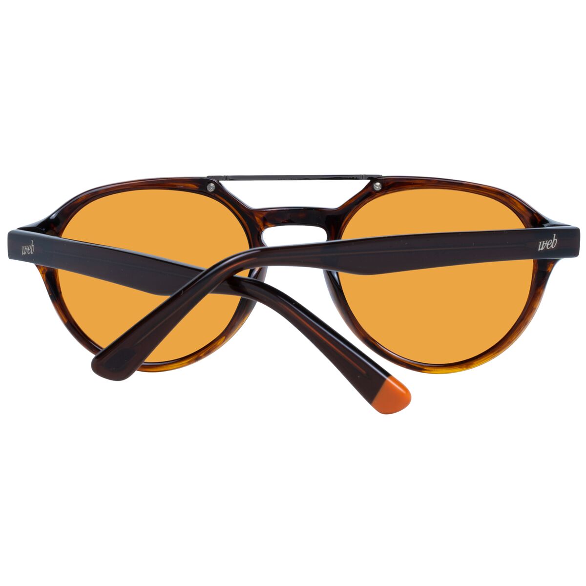 Detail van de Web Eyewear zonnebril in multicolour met oranje glazen en zwart-bruin frame.