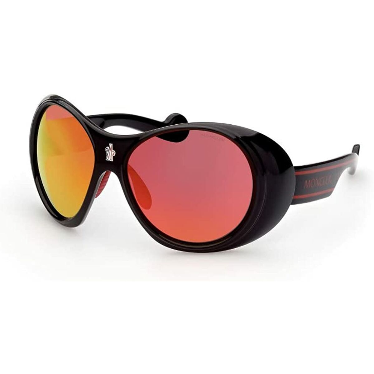 Zwarte Moncler zonnebril ML0148 met opvallende oranje lenzen en stijlvol design.