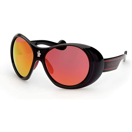 Zwarte Moncler zonnebril ML0148 met opvallende oranje lenzen en stijlvol design.
