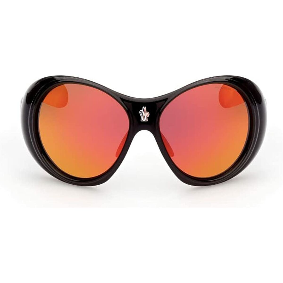 Zijaanzicht van de Moncler zonnebril met zwarte montuur en oranje spiegelglazen.