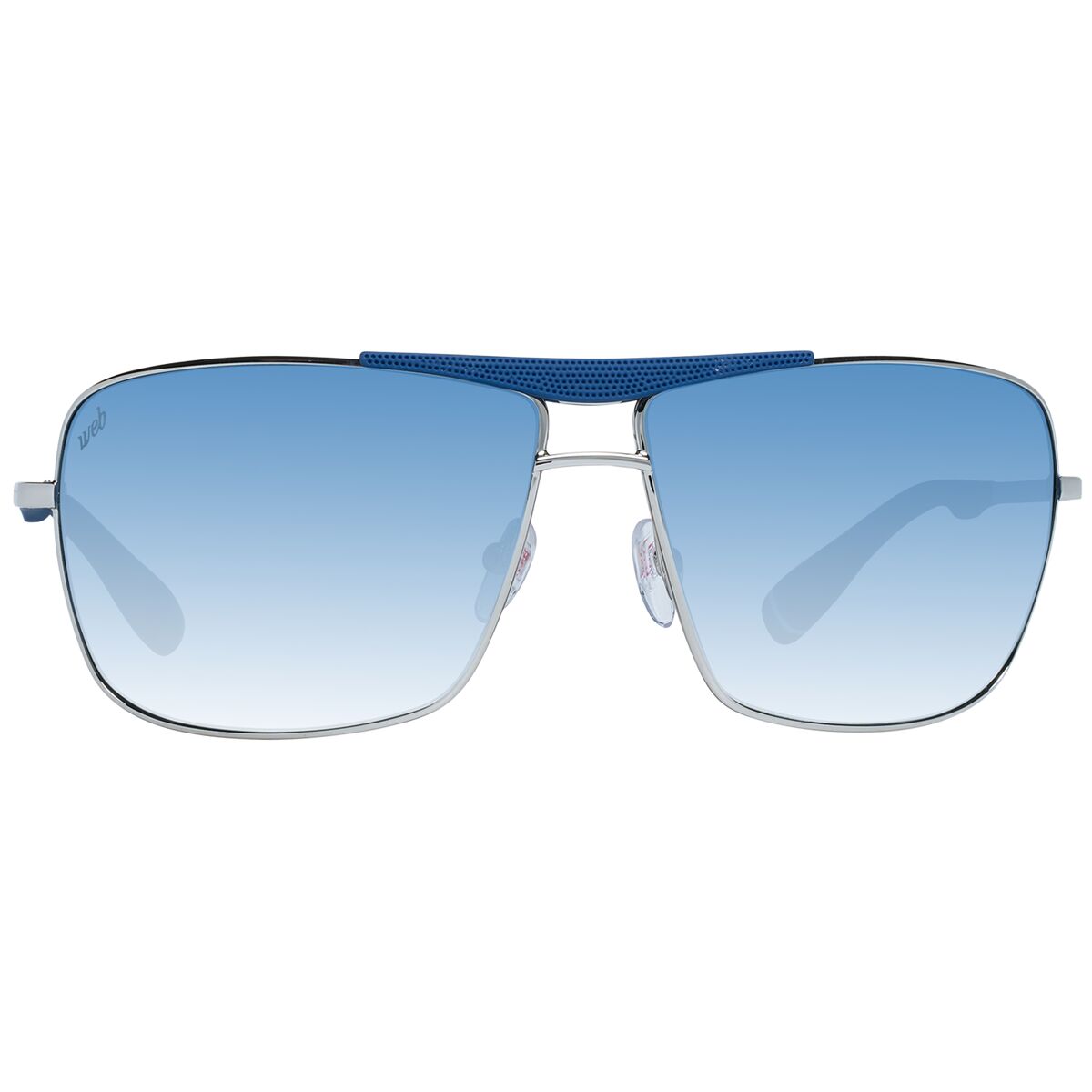 Detail van de Web Eyewear zonnebril met blauwe tinten en metalen frame.