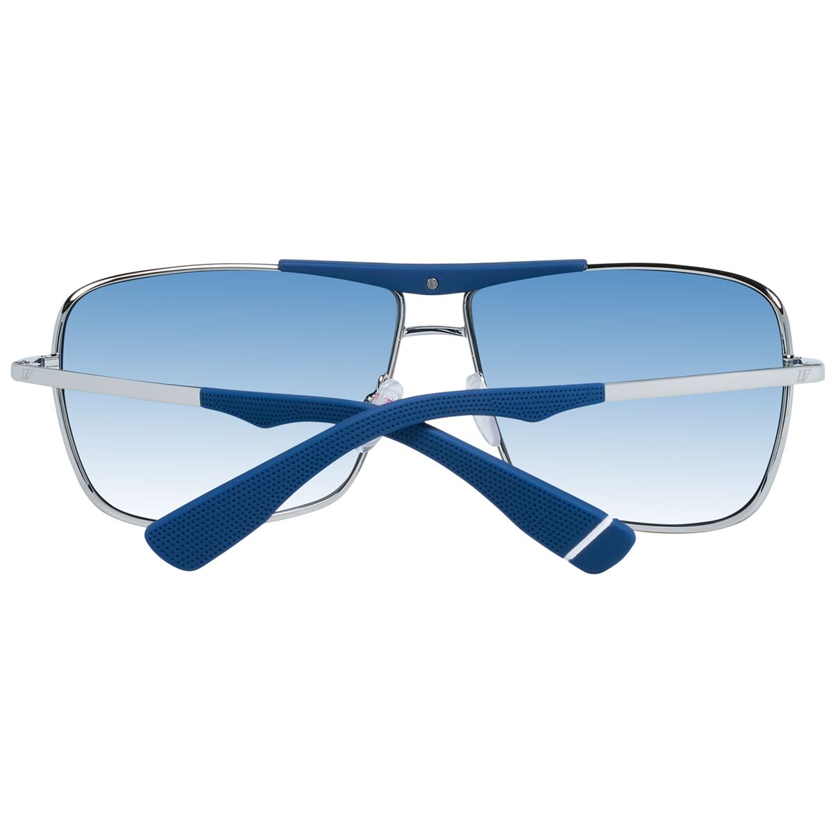 Detail van de Web Eyewear zonnebril in multicolour met blauwe rubberen pootjes.