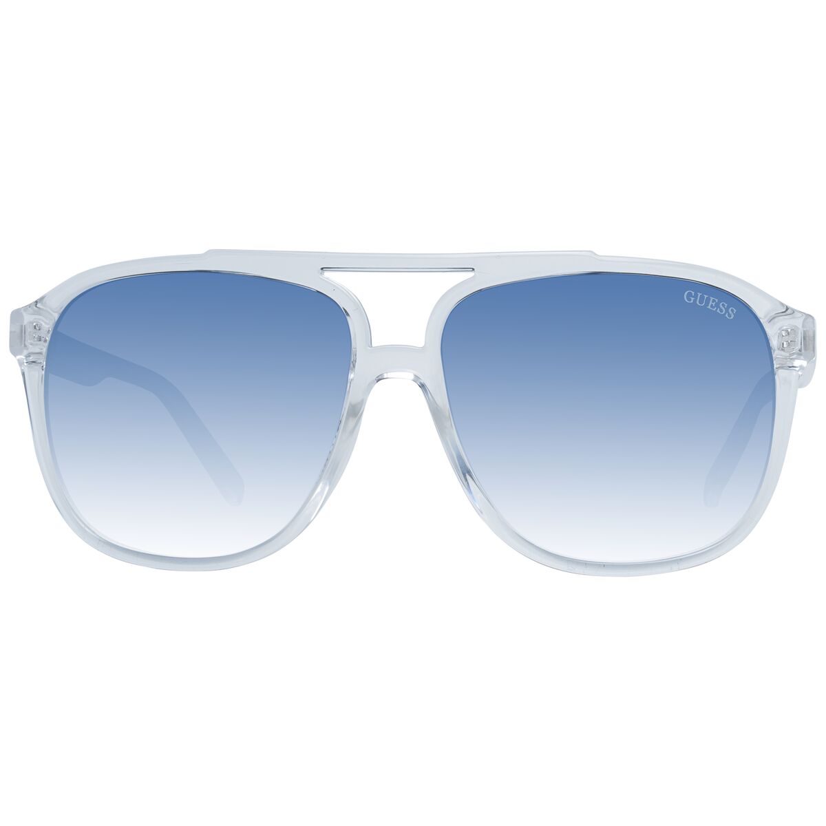 Transparante Guess zonnebril met blauwe gradient glazen, frontaanzicht.
