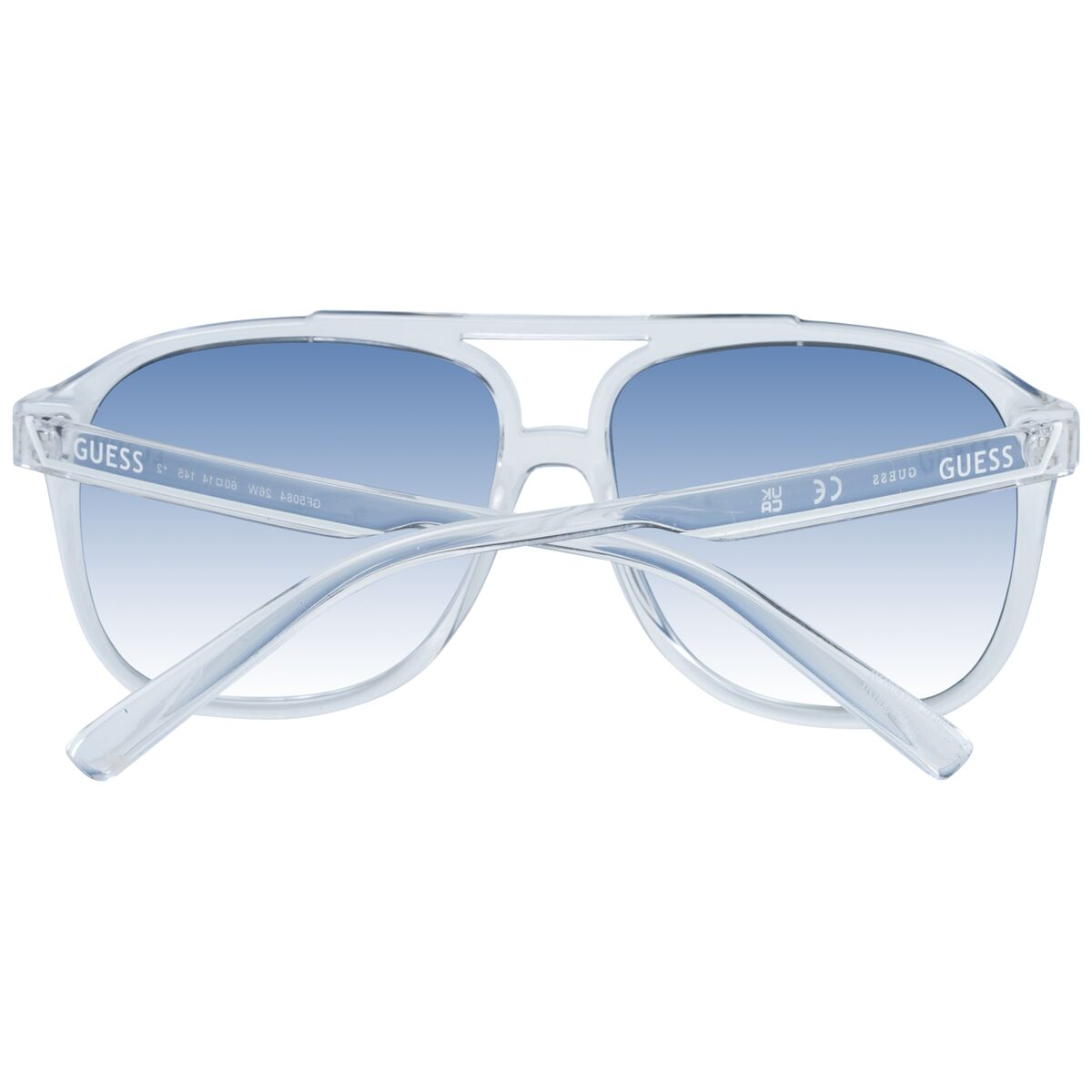 Detail van de Guess zonnebril GF5082 6052F met blauwe gradient glazen en transparante montuur.