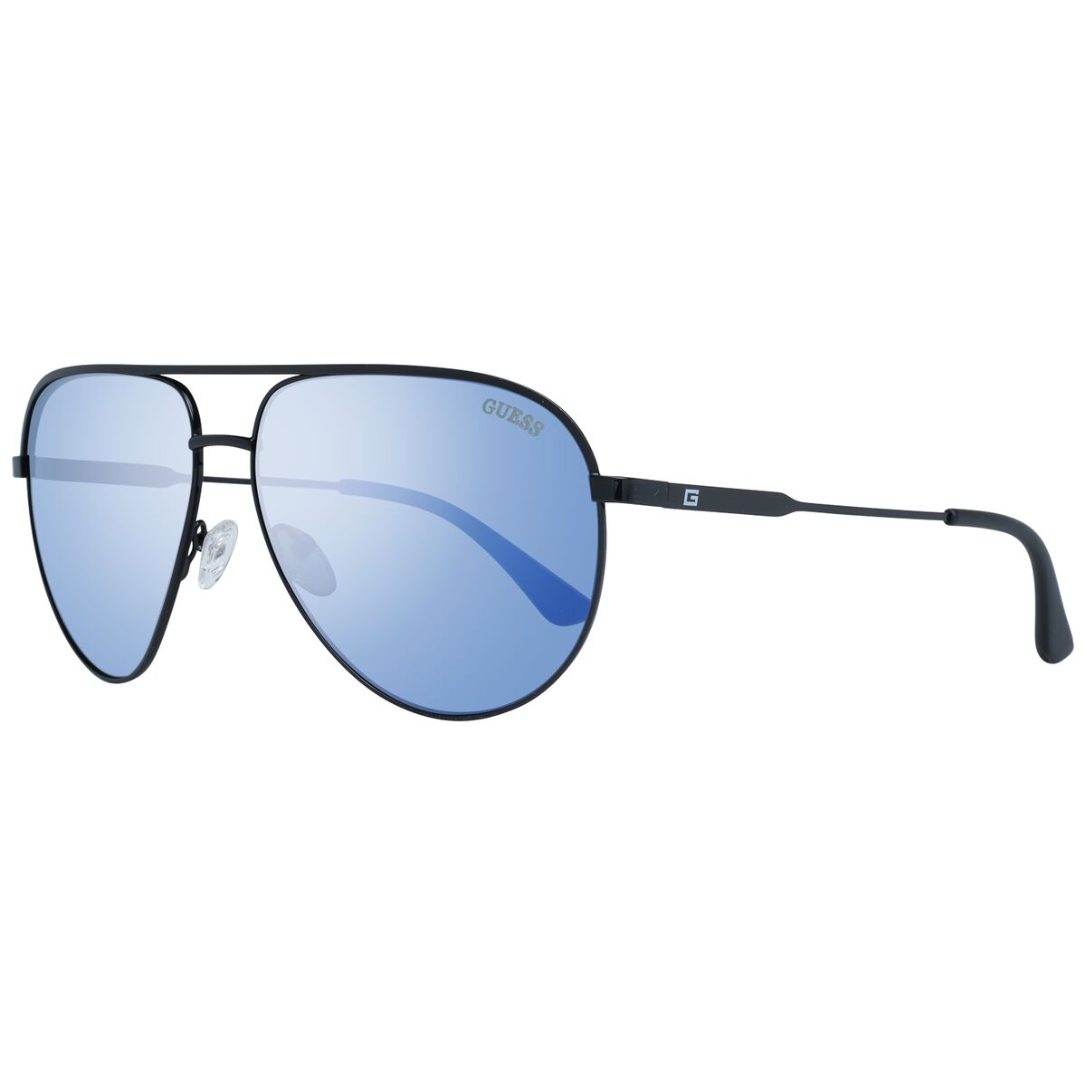 Zwarte Guess zonnebril voor heren met blauwe glazen en UV400-bescherming.