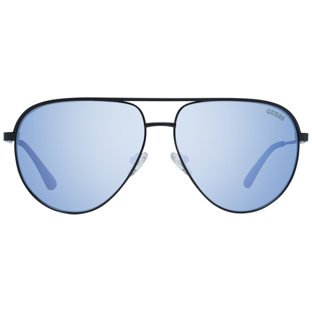 Zijaanzicht van de Guess zonnebril GF5083 6201X met blauwe glazen en zwart montuur.