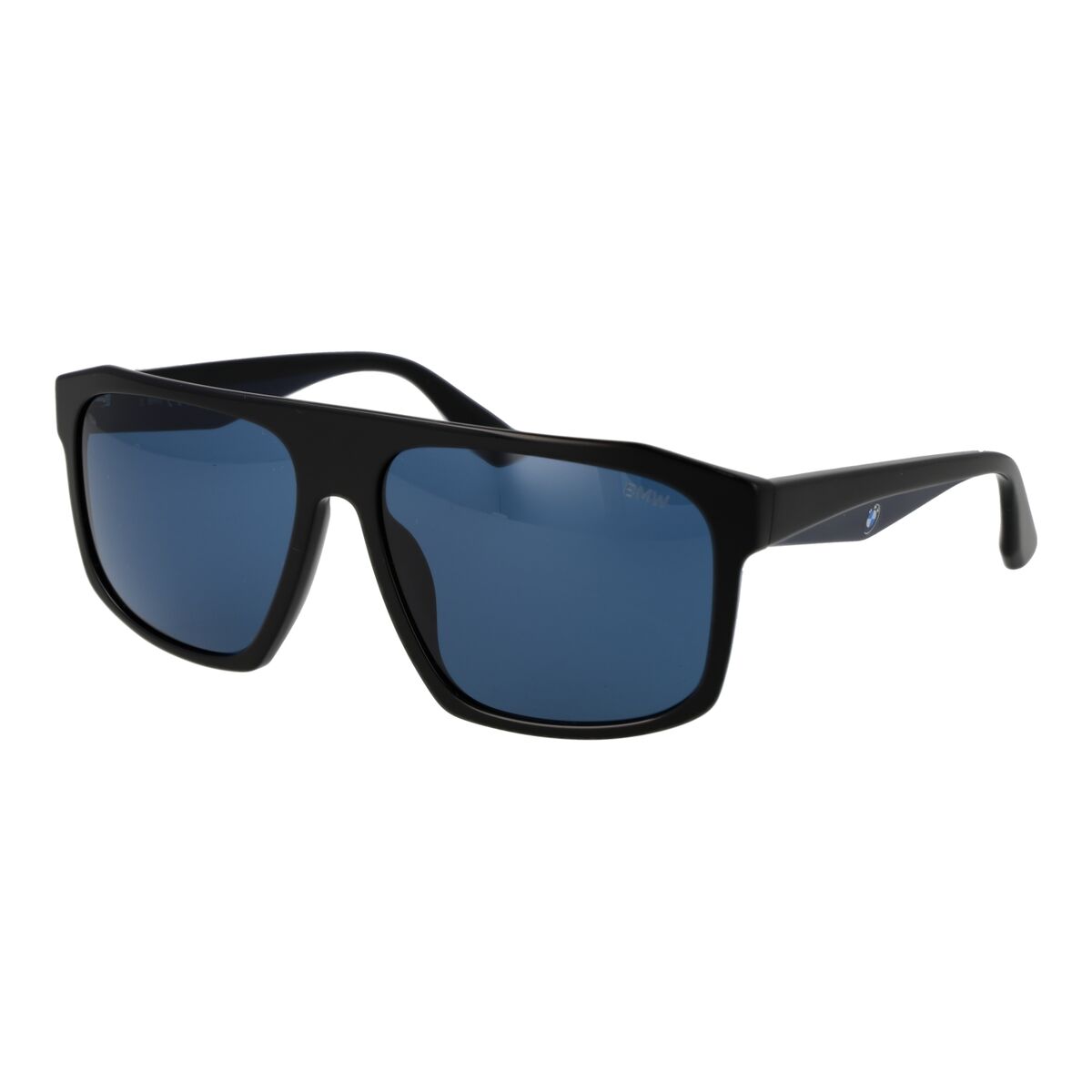 Zwarte BMW zonnebril BW0034 5905V met blauwe glazen, stijlvol en modern ontwerp.