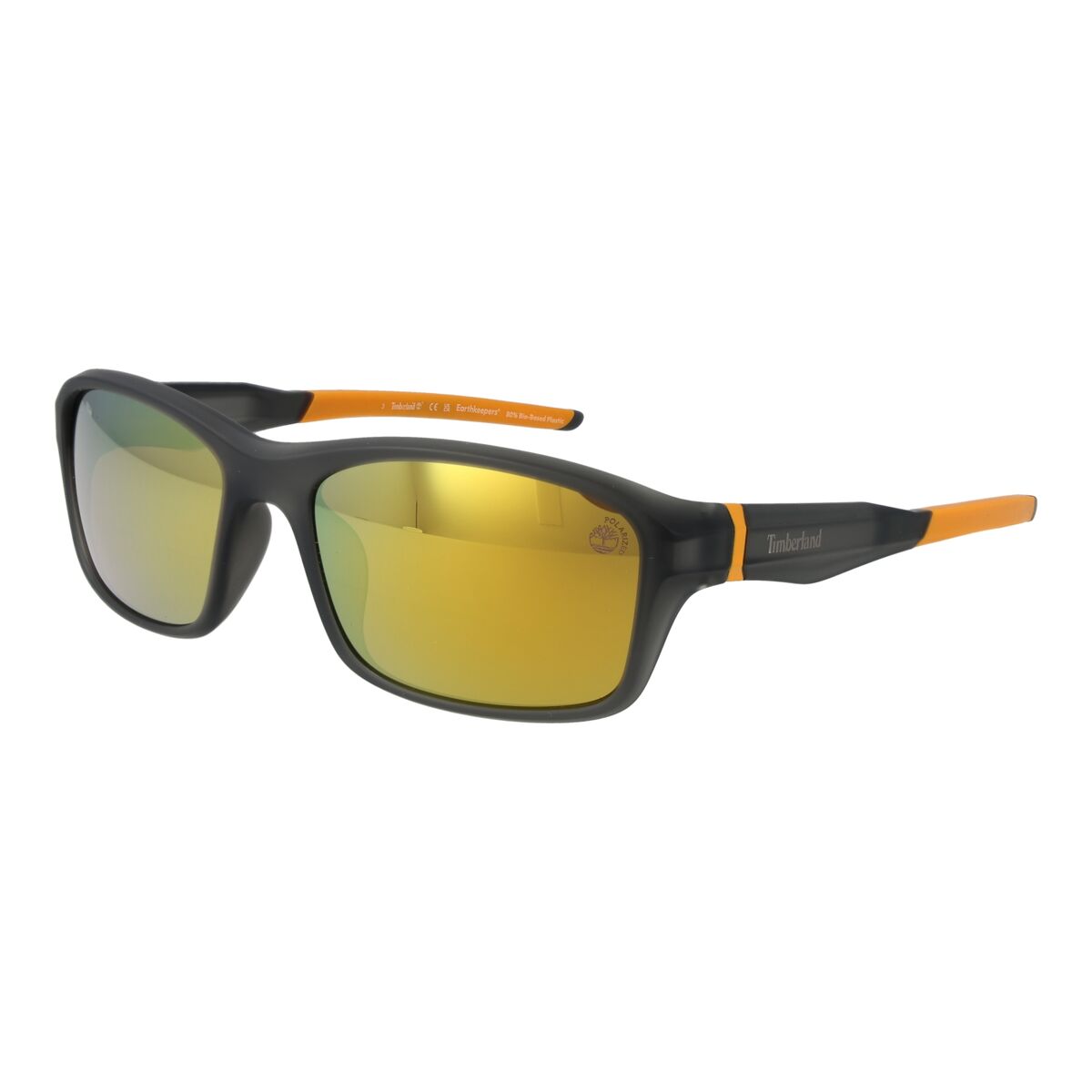 Rechthoekige Timberland zonnebril voor heren met UV400 bescherming en oranje accenten.