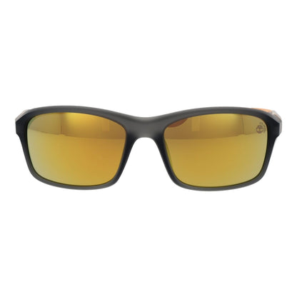 Zijaanzicht van de Timberland zonnebril met rechthoekige glazen en matte zwarte rand.