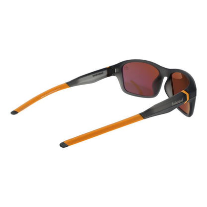 Zijaanzicht van de Timberland zonnebril met zwarte en oranje accenten.