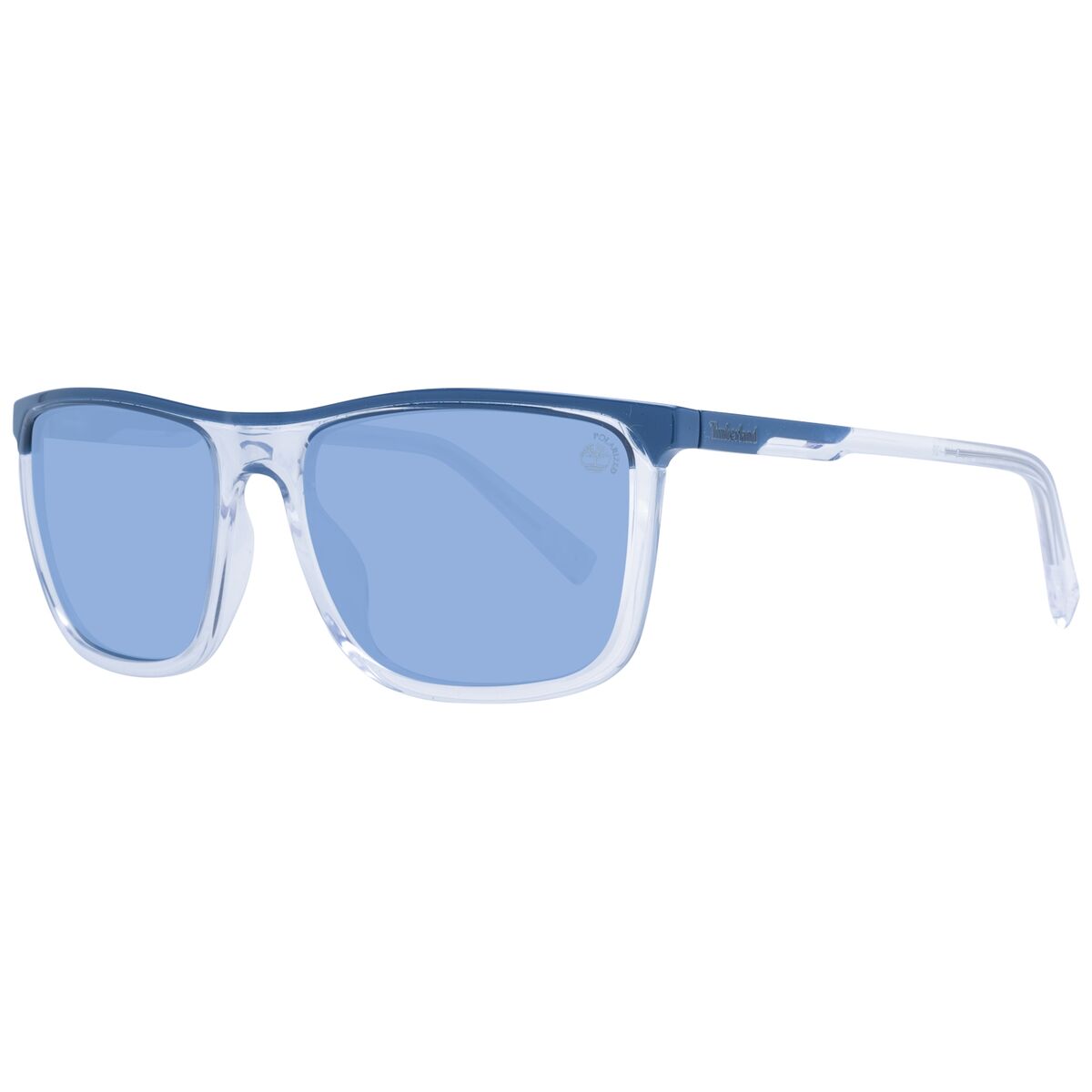 Transparante Timberland zonnebril voor heren met blauw getinte glazen en trendy ontwerp.