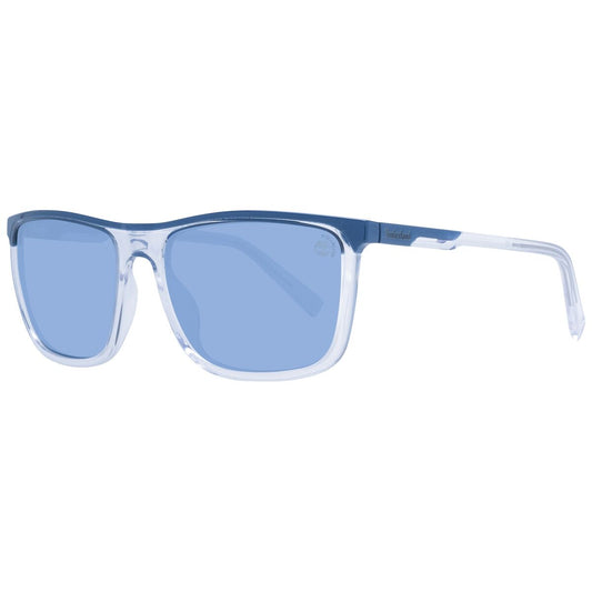 Transparante Timberland zonnebril voor heren met blauw getinte glazen en trendy ontwerp.