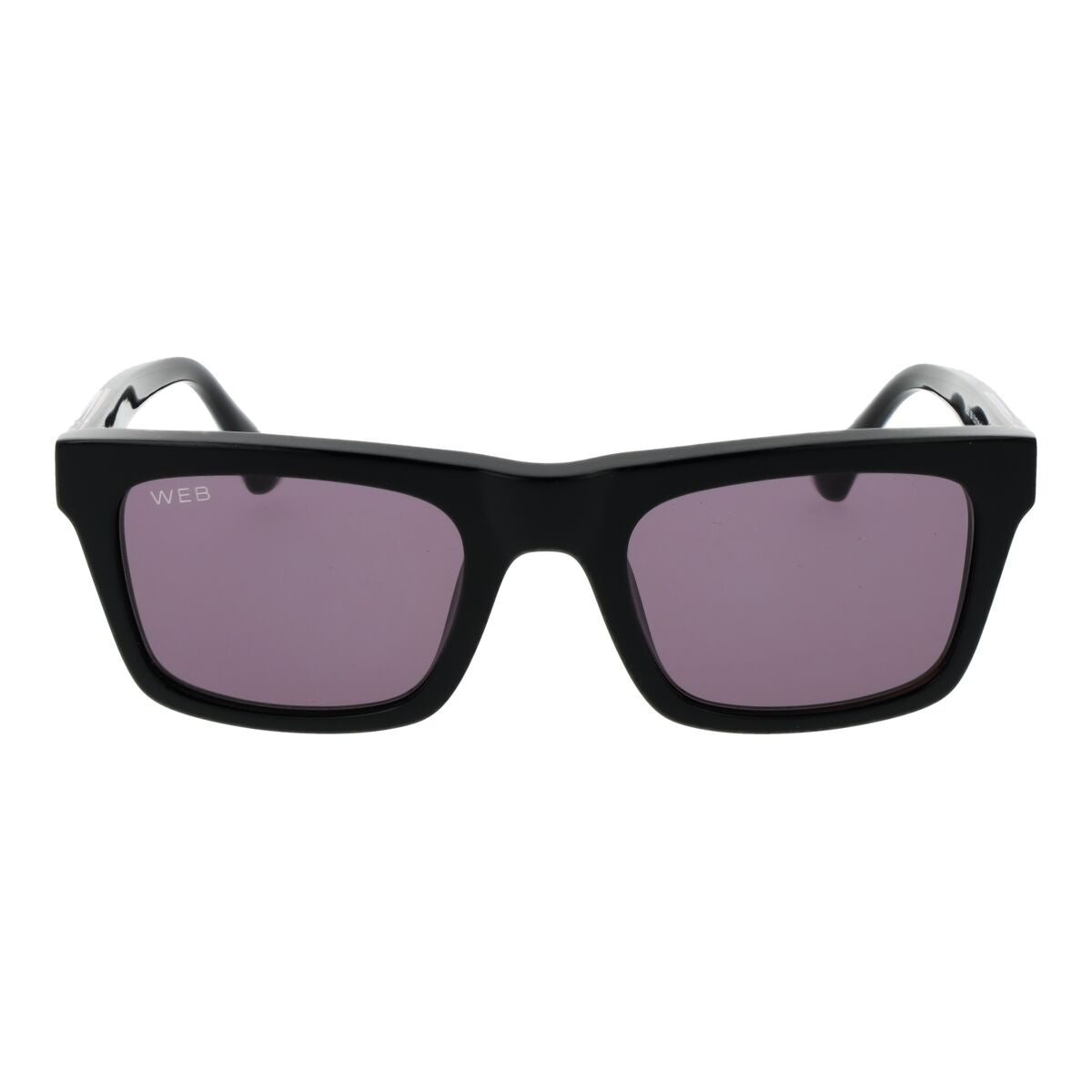 Zijaanzicht van de Web Eyewear zonnebril voor heren in zwart met paarse glazen.