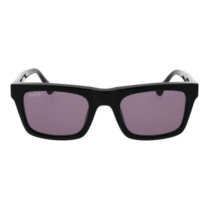 Zijaanzicht van de Web Eyewear zonnebril voor heren in zwart met paarse glazen.