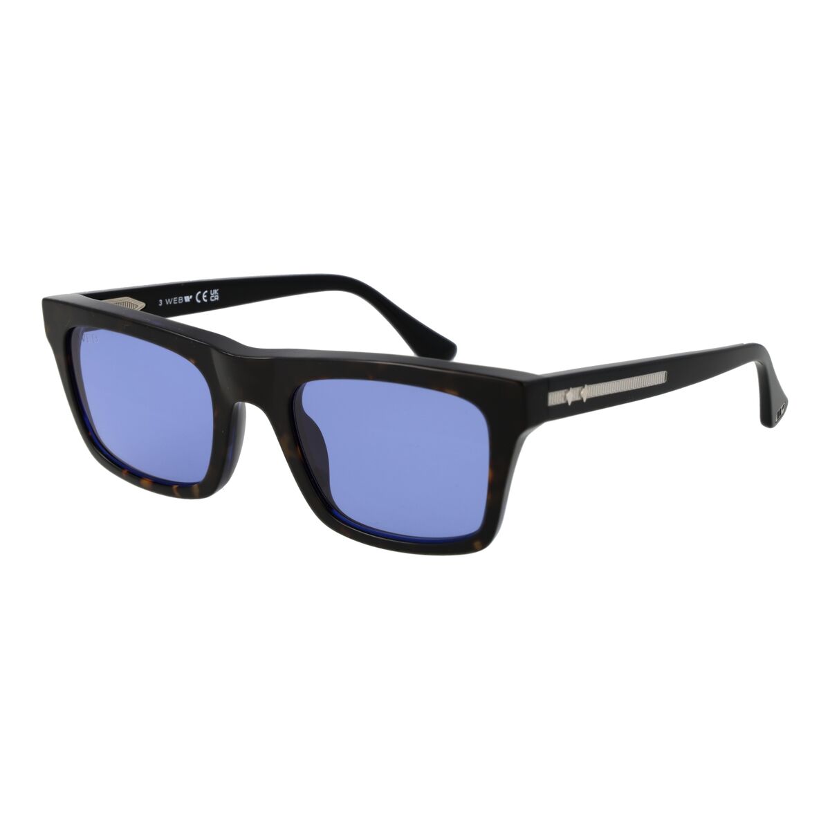 Web Eyewear zonnebril voor heren met elegant zwart ontwerp en blauwe glazen.