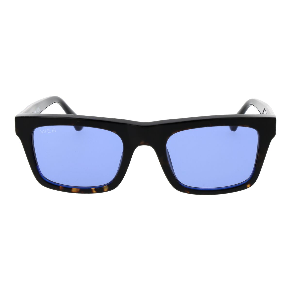 Zijaanzicht van de Web Eyewear zonnebril voor heren met blauwe glazen en zwart montuur.