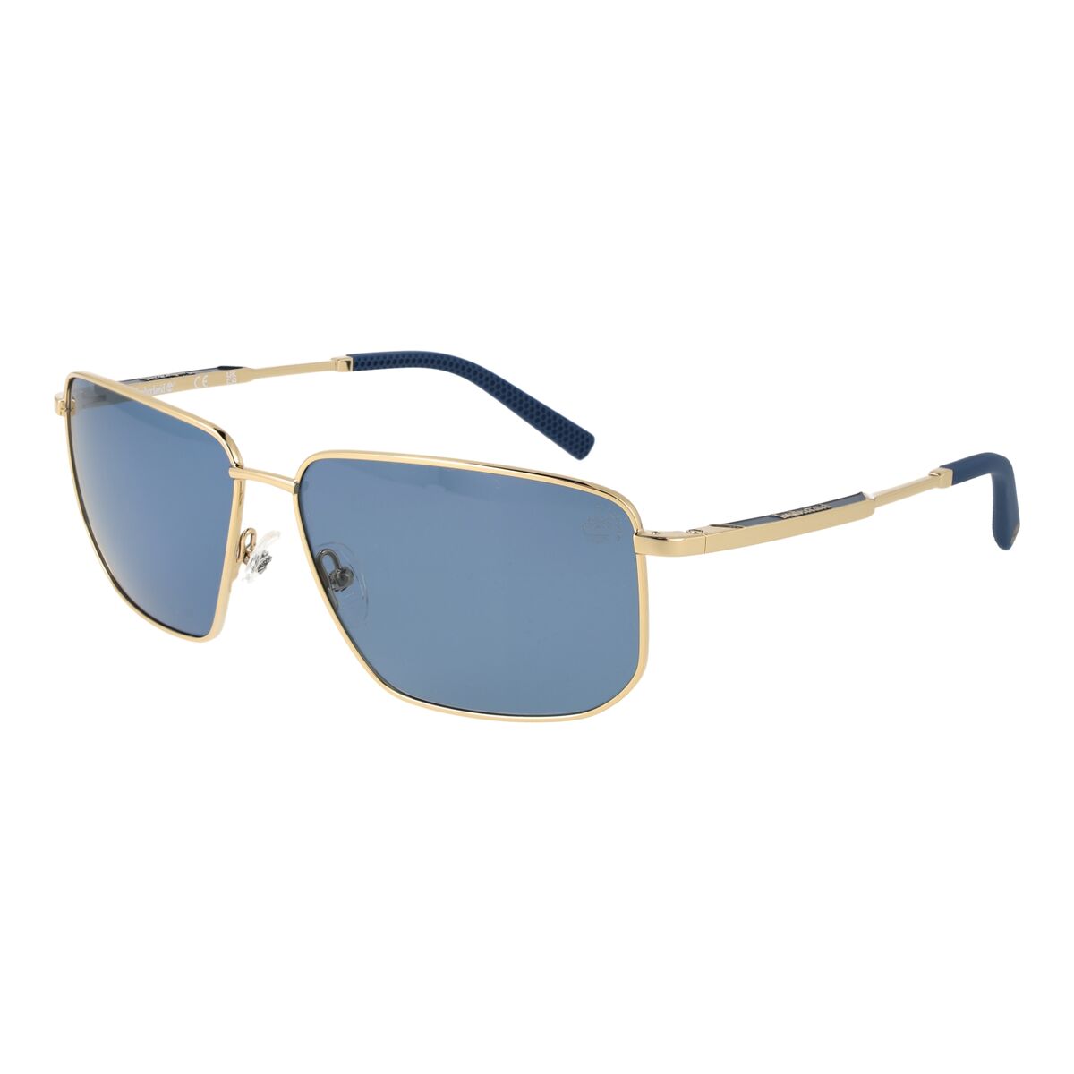 Trendy Timberland zonnebril voor heren met blauwe glazen en gouden frame.