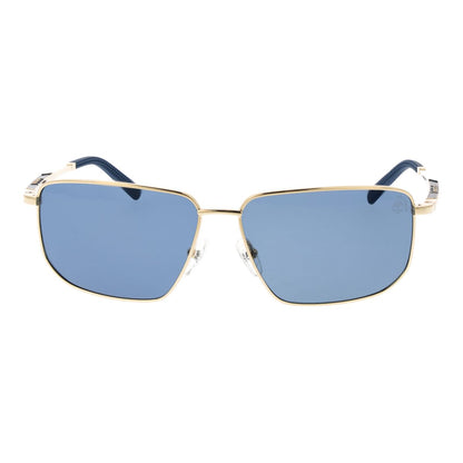 Zijaanzicht van de Timberland zonnebril met blauwe glazen en gouden frame.