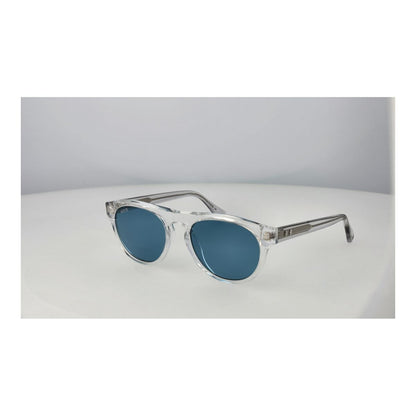 Zijaanzicht van de Web Eyewear zonnebril met blauwe lenzen en transparante montuur.