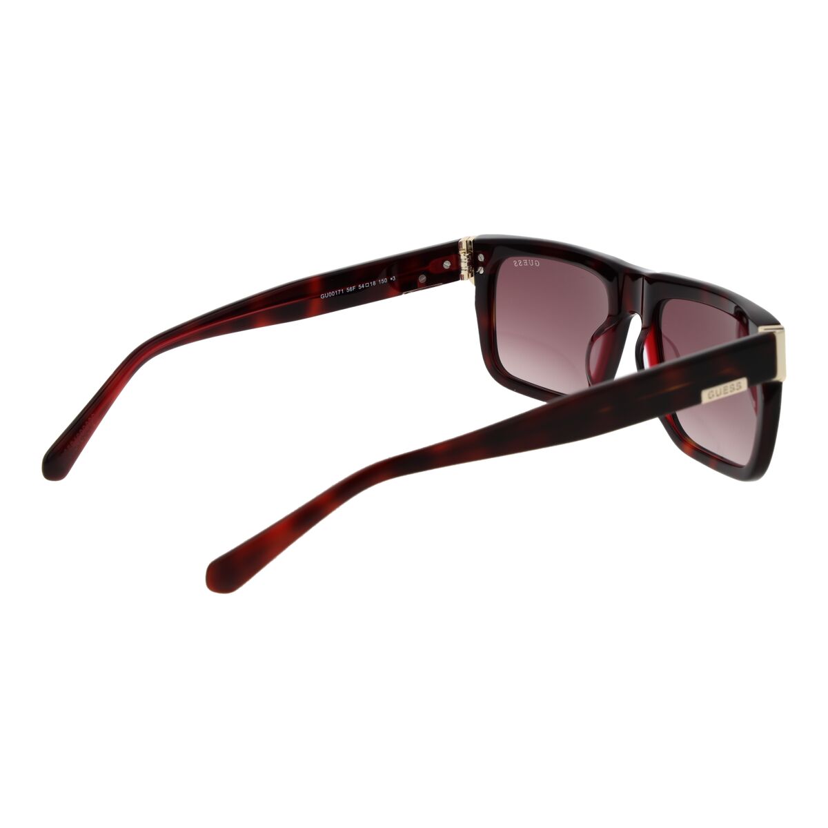 Zijaanzicht van de Guess zonnebril met donkerbruin montuur en gradient glazen.