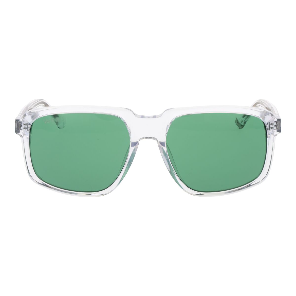 Zijaanzicht van de Web Eyewear zonnebril met groene glazen en transparante montuur.