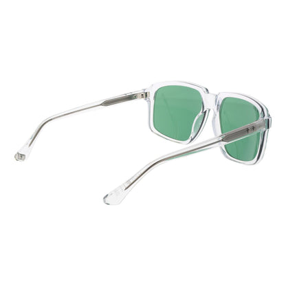 Zijaanzicht van de Web Eyewear zonnebril met groene glazen en transparante montuur.