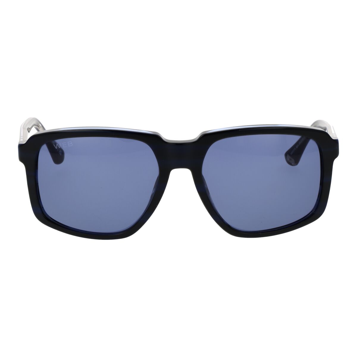 Zijaanzicht van de Web Eyewear zonnebril voor heren met blauw glas en modern ontwerp.