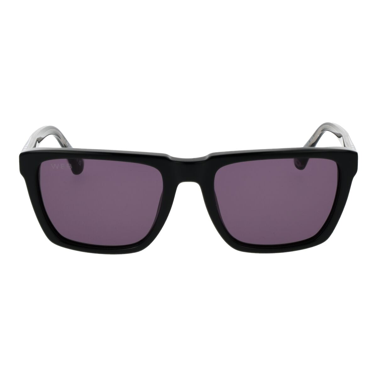 Zwarte Web Eyewear zonnebril met paarse glazen, frontaanzicht.
