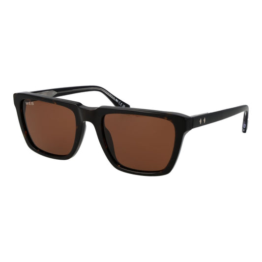 Modieuze Web Eyewear zonnebril voor heren met bruine glazen en zwart montuur.