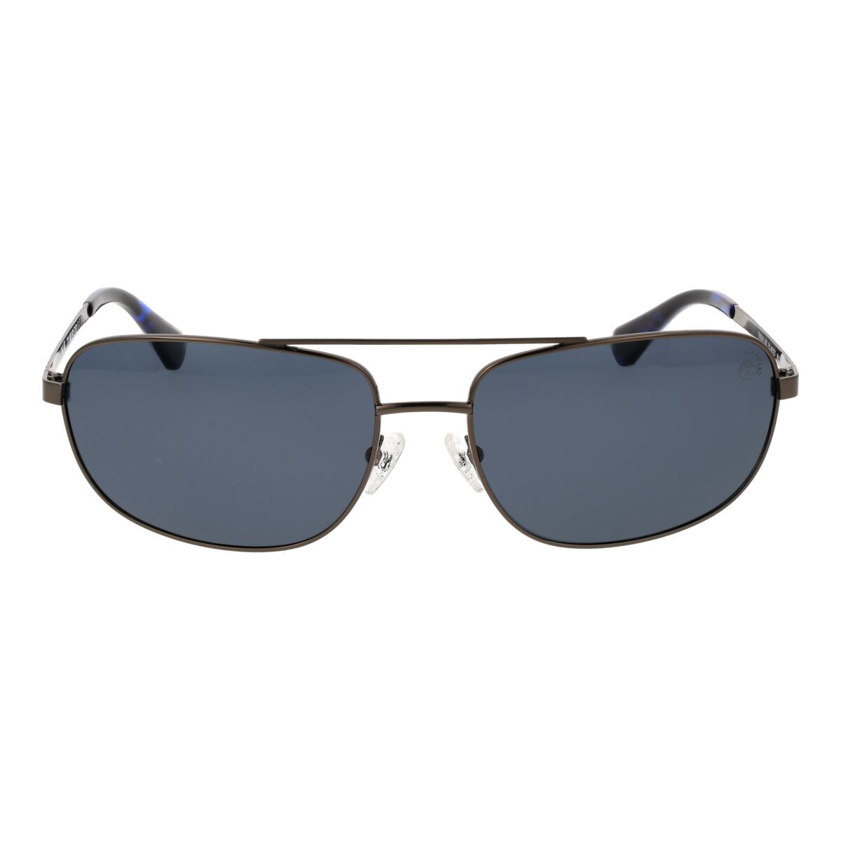 Zijaanzicht van de Timberland zonnebril TB00045 met donkerblauwe glazen en metalen montuur.