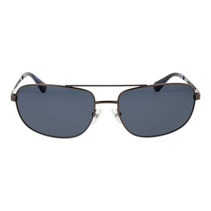 Zijaanzicht van de Timberland zonnebril TB00045 met donkerblauwe glazen en metalen montuur.