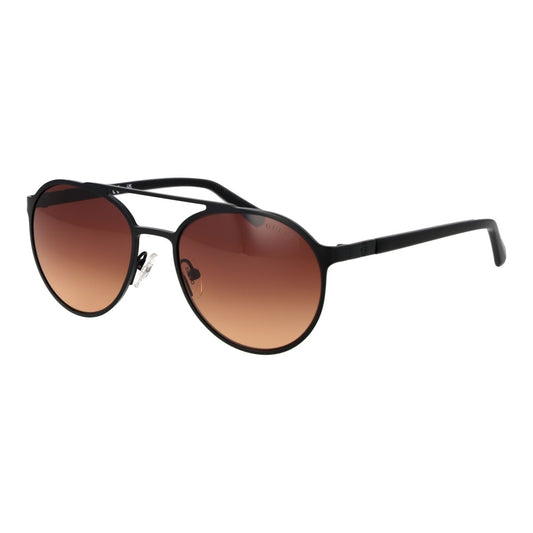 Zwarte Guess zonnebril met cirkelvormig frame en 100% UV400-bescherming.