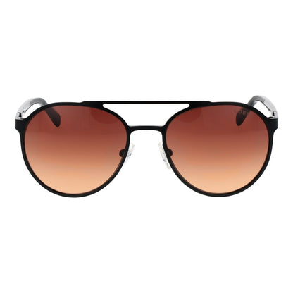 Zijaanzicht van de Guess zonnebril met zwart frame en bruin gradient glazen.