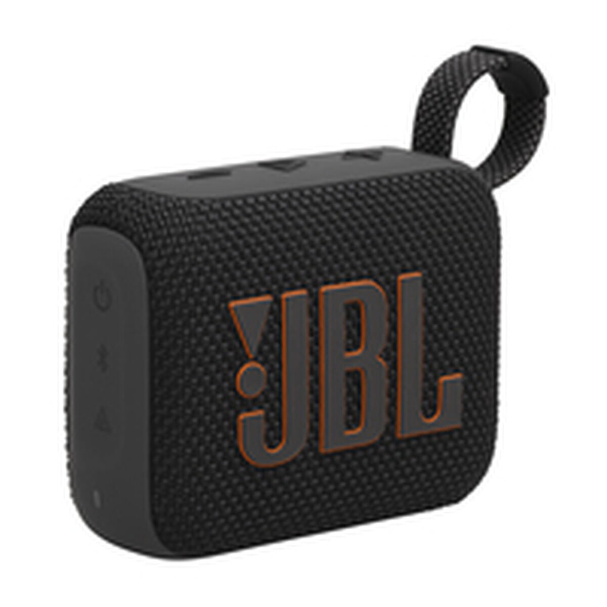 Zijaanzicht van de JBL GO 4 Bluetooth-luidspreker in zwart met opvallend logo.