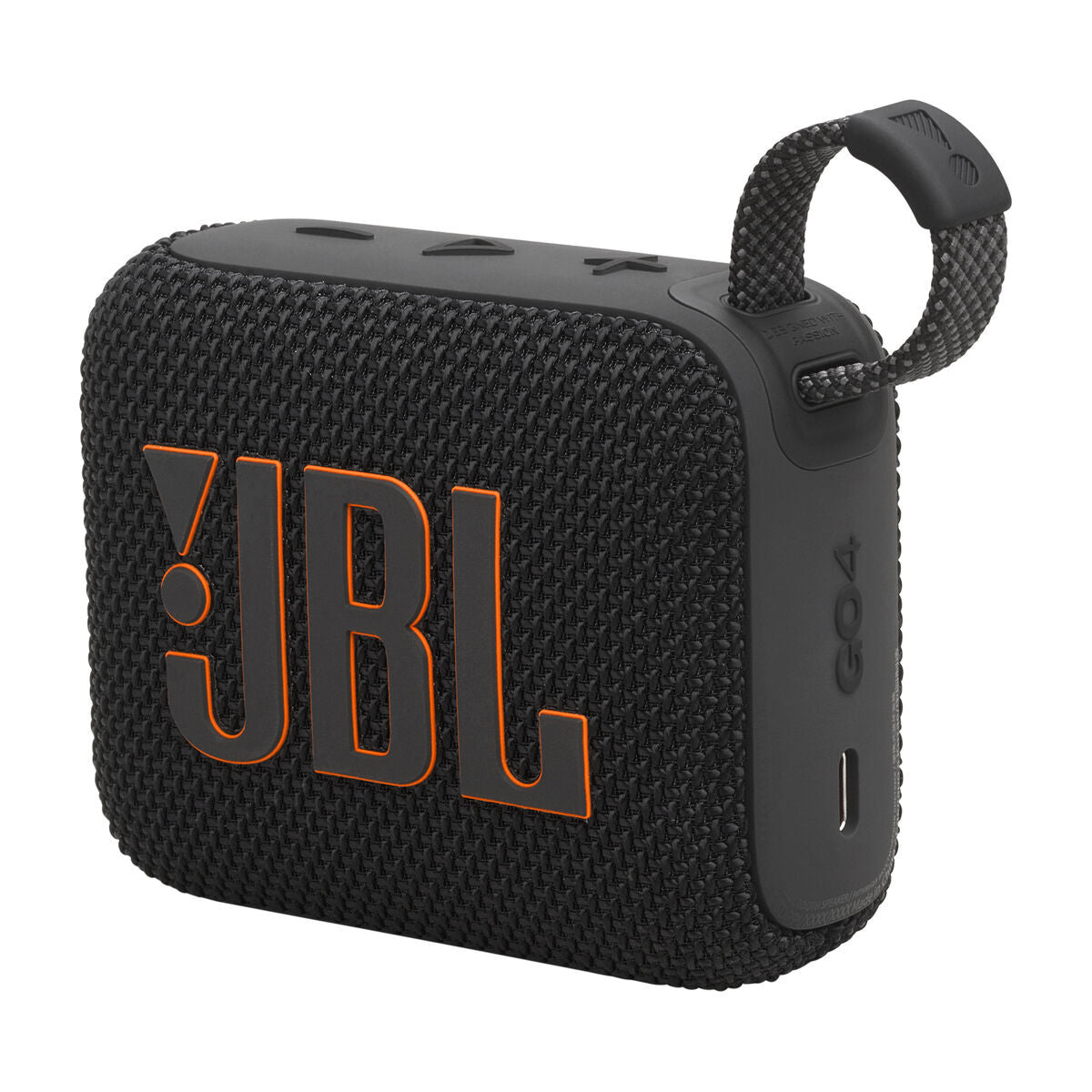 Zijaanzicht van de zwarte JBL GO 4 Bluetooth luidspreker met opvallend logo.